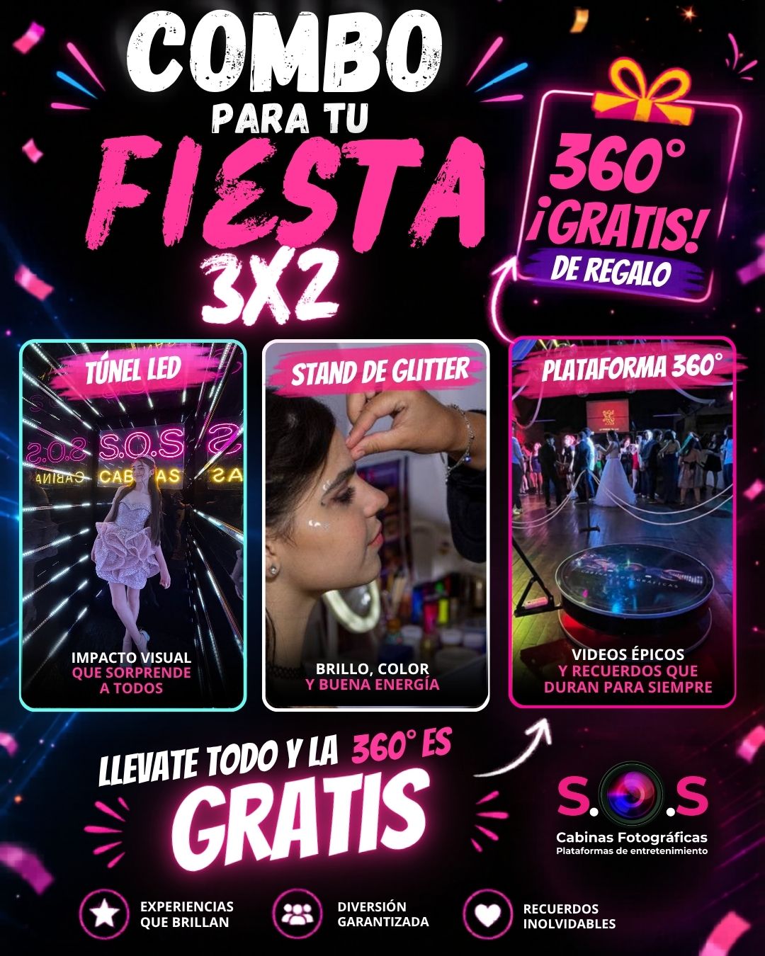 Promo 3x2: Túnel LED, Stand de Glitter y Plataforma 360