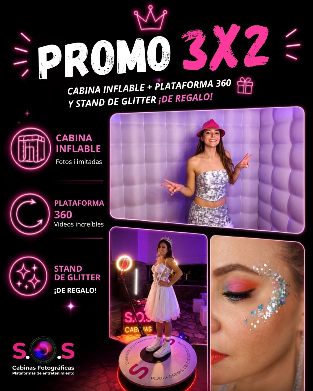Promo: Cabina Inflable, Plataforma 360 y Stand de Glitter